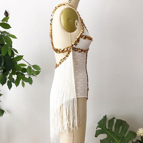 Vintage Fringe Back Bodysuit Sequin White Lace S - Picture 2 of 10